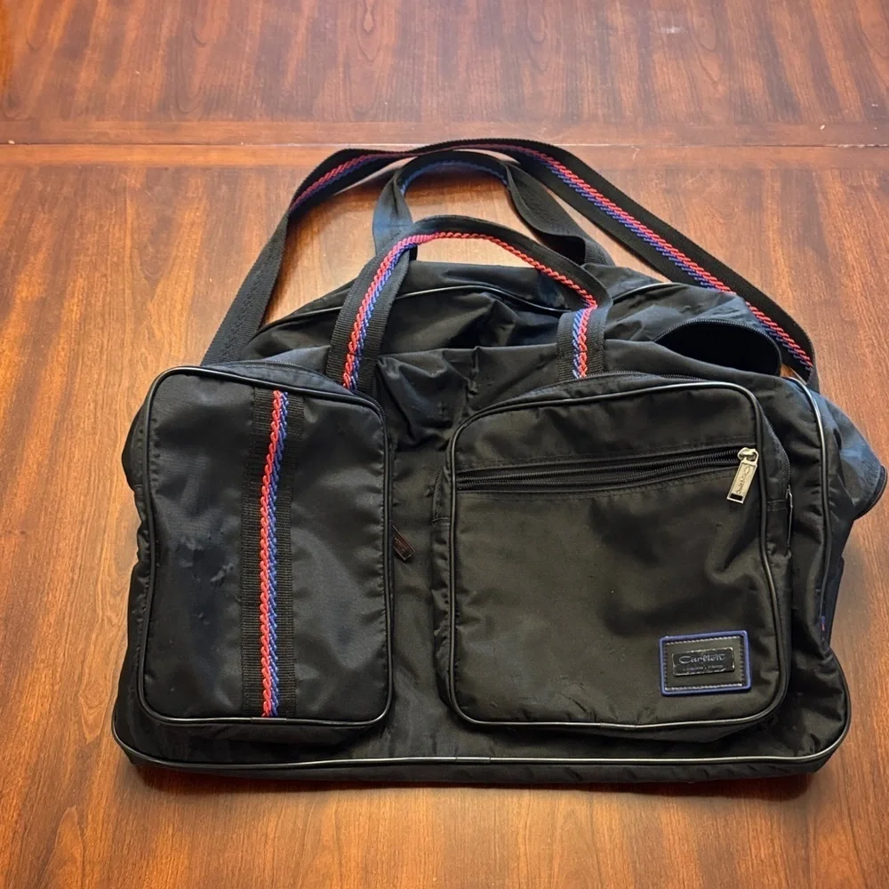 Carlton VTG Stylish Black Classic Nylon Duffel Bag with Red and Blue Accents